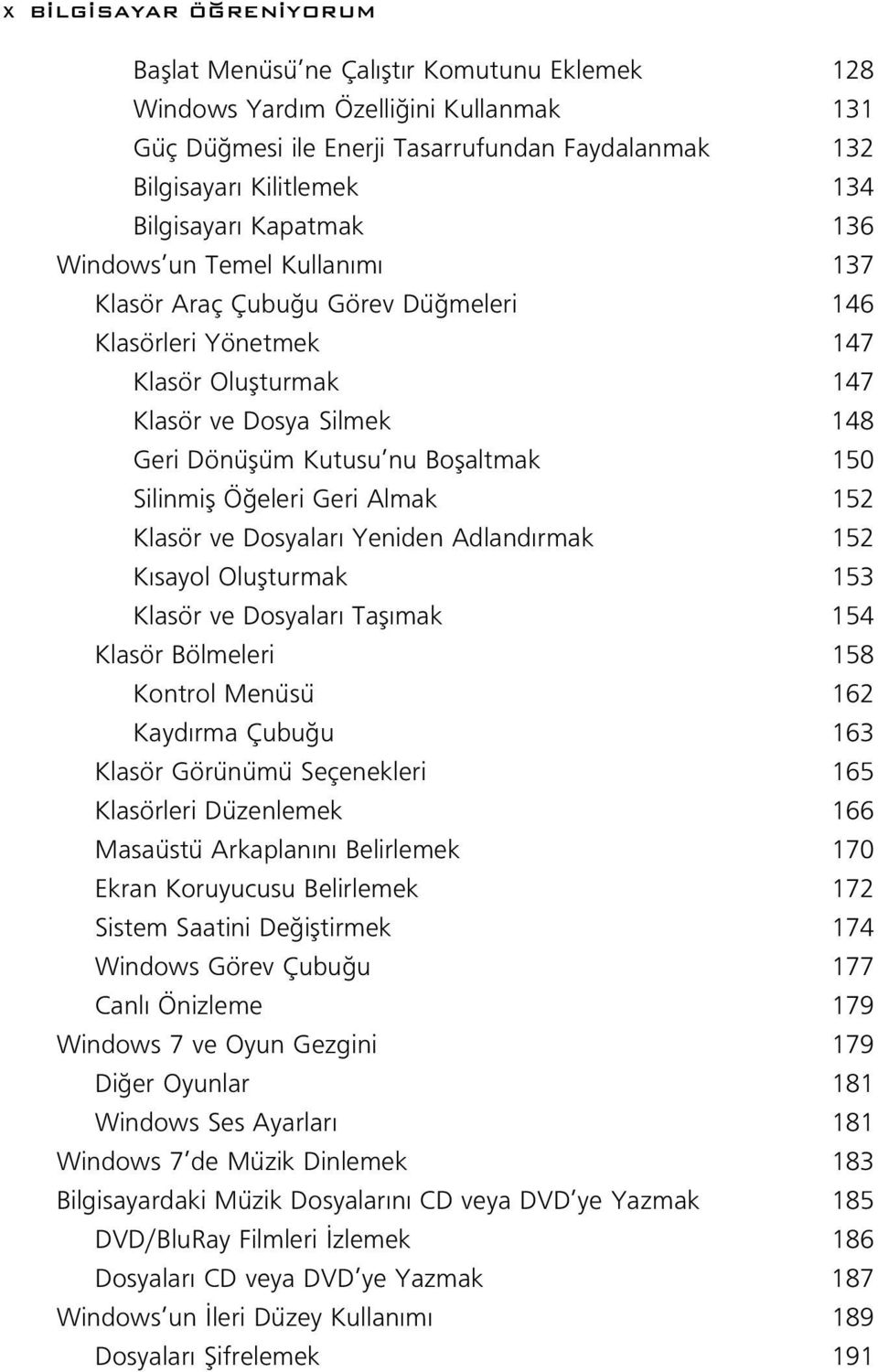 Boflaltmak 150 Silinmifl Ö eleri Geri Almak 152 Klasör ve Dosyalar Yeniden Adland rmak 152 K sayol Oluflturmak 153 Klasör ve Dosyalar Tafl mak 154 Klasör Bölmeleri 158 Kontrol Menüsü 162 Kayd rma