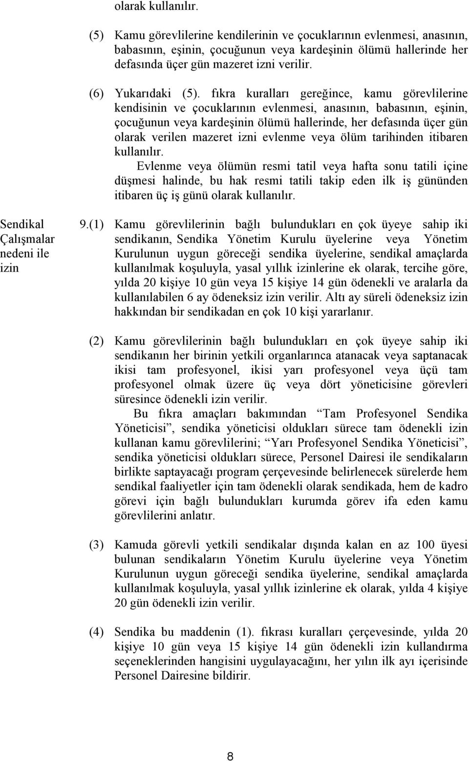 fıkra kuralları gereğince, kamu görevlilerine kendisinin ve çocuklarının evlenmesi, anasının, babasının, eşinin, çocuğunun veya kardeşinin ölümü hallerinde, her defasında üçer gün olarak verilen