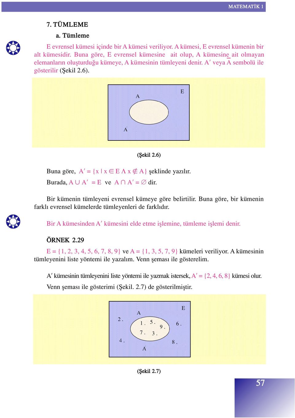 6). (fiekil 2.6) Buna göre, A = {x x E Λ x A} fleklinde yaz l r. Burada, A A = E ve A A = dir. Bir kümenin tümleyeni evrensel kümeye göre belirtilir.