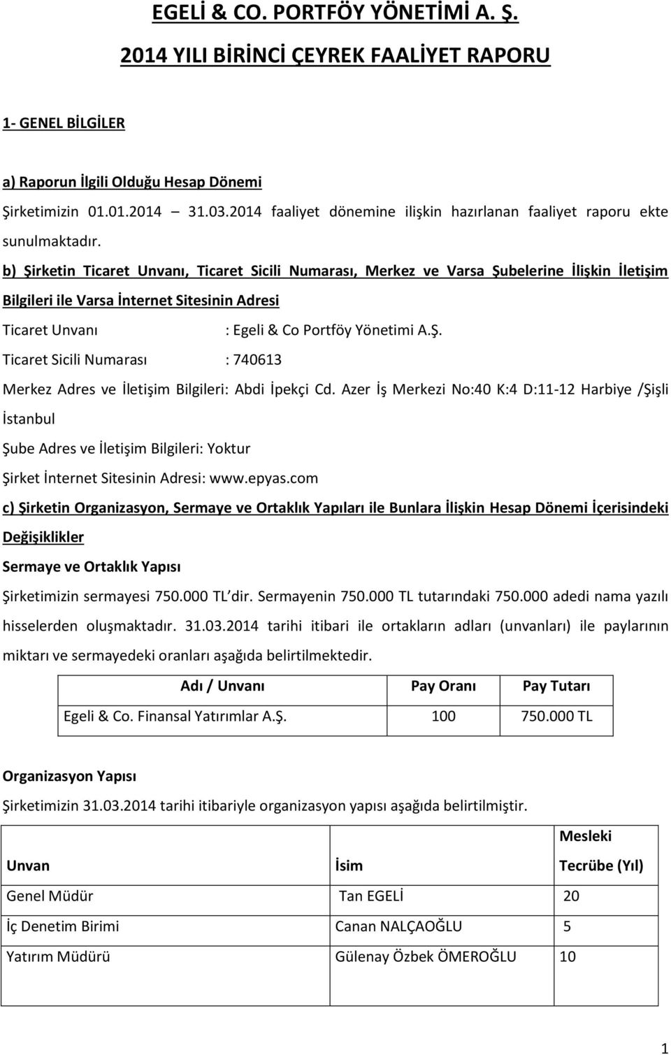 b) Şirketin Ticaret Unvanı, Ticaret Sicili Numarası, Merkez ve Varsa Şubelerine İlişkin İletişim Bilgileri ile Varsa İnternet Sitesinin Adresi Ticaret Unvanı : Egeli & Co Portföy Yönetimi A.Ş. Ticaret Sicili Numarası : 740613 Merkez Adres ve İletişim Bilgileri: Abdi İpekçi Cd.