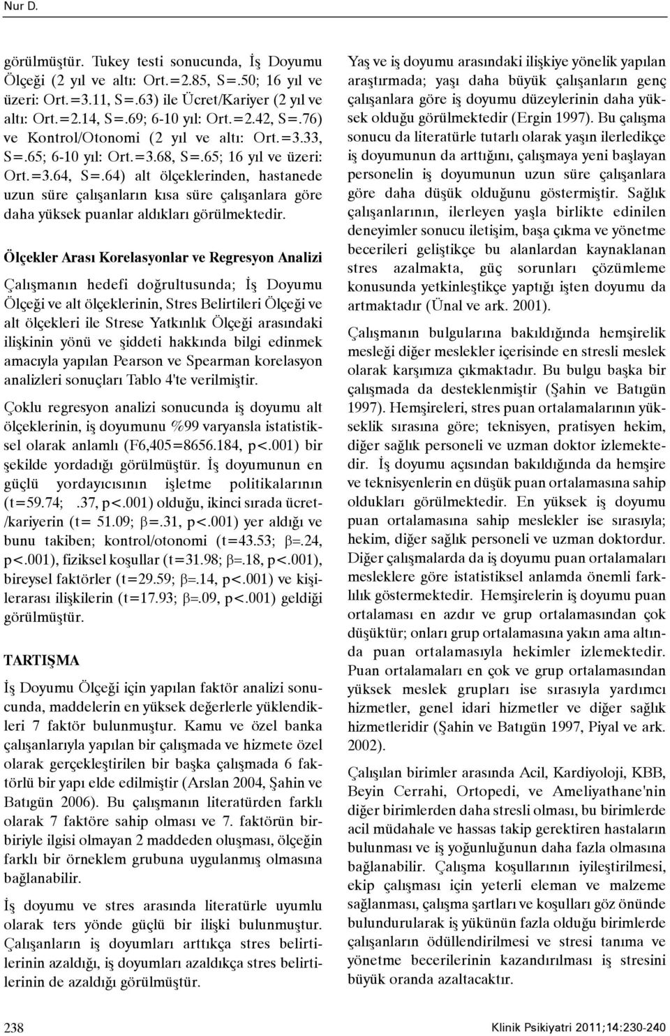 64) alt ölçeklerinden, hastanede uzun süre çalýþanlarýn kýsa süre çalýþanlara göre daha yüksek puanlar aldýklarý görülmektedir.