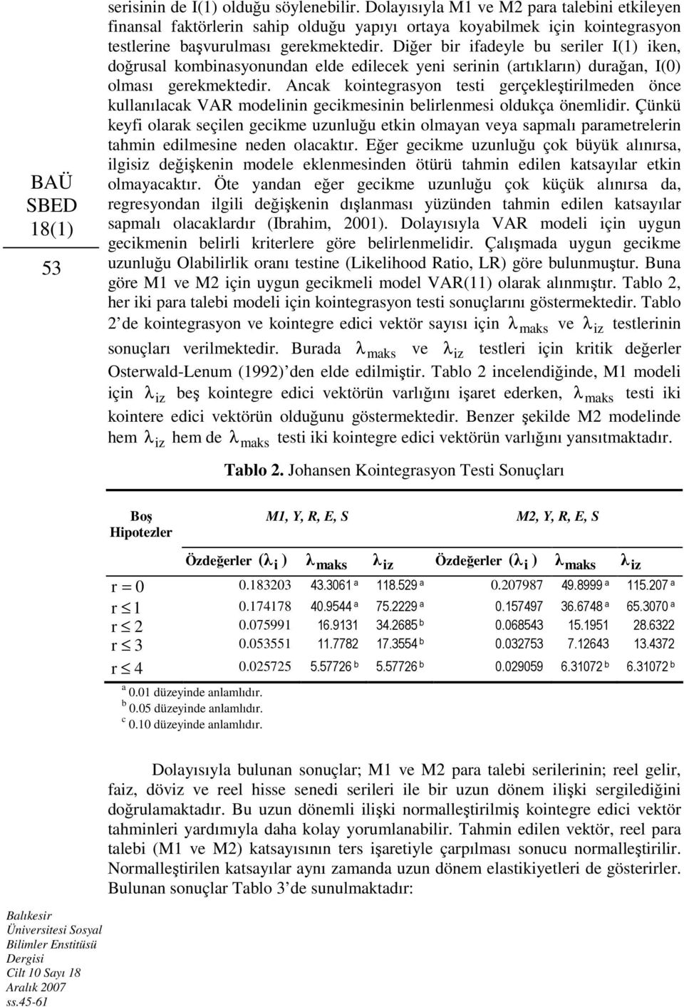 Ancak koinegrasyon esi gerçekleşirilmeden önce kullanılacak VAR modelinin gecikmesinin belirlenmesi oldukça önemlidir.