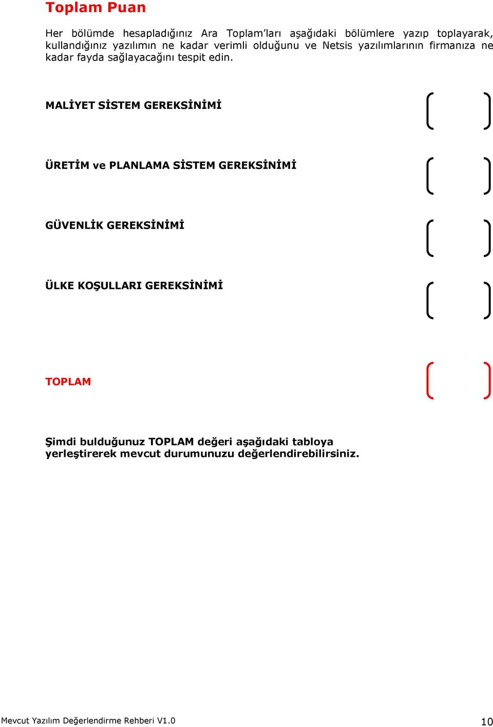 MALİYET SİSTEM GEREKSİNİMİ ÜRETİM ve PLANLAMA SİSTEM GEREKSİNİMİ GÜVENLİK GEREKSİNİMİ ÜLKE KOŞULLARI GEREKSİNİMİ TOPLAM