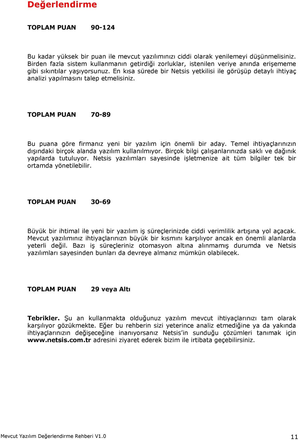 En kısa sürede bir Netsis yetkilisi ile görüşüp detaylı ihtiyaç analizi yapılmasını talep etmelisiniz. TOPLAM PUAN 70-89 Bu puana göre firmanız yeni bir yazılım için önemli bir aday.