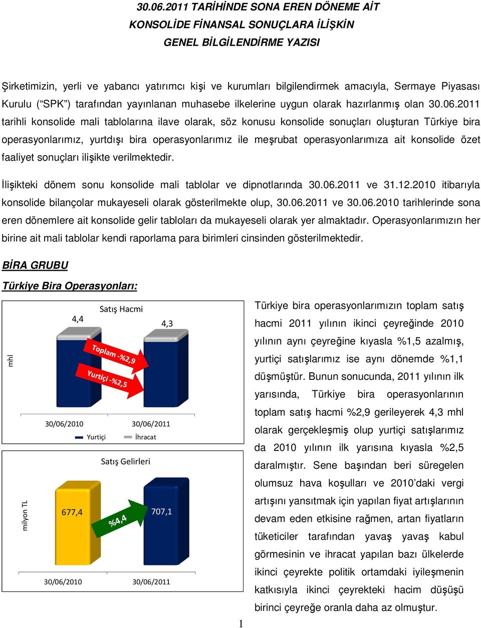 Piyasası Kurulu ( SPK ) tarafından yayınlanan muhasebe ilkelerine uygun olarak hazırlanmış olan 2011 tarihli konsolide mali tablolarına ilave olarak, söz konusu konsolide sonuçları oluşturan Türkiye