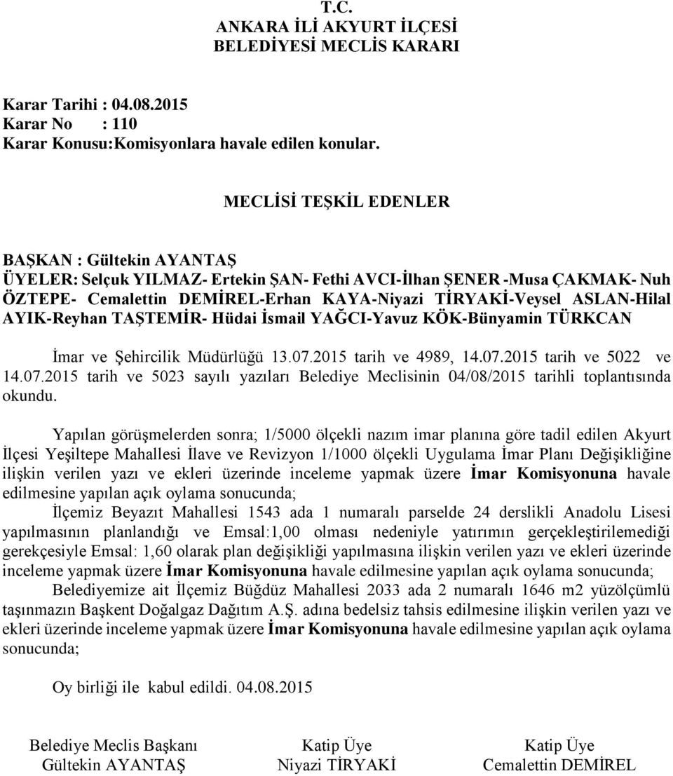 Yapılan görüşmelerden sonra; 1/5000 ölçekli nazım imar planına göre tadil edilen Akyurt İlçesi Yeşiltepe Mahallesi İlave ve Revizyon 1/1000 ölçekli Uygulama İmar Planı Değişikliğine ilişkin verilen