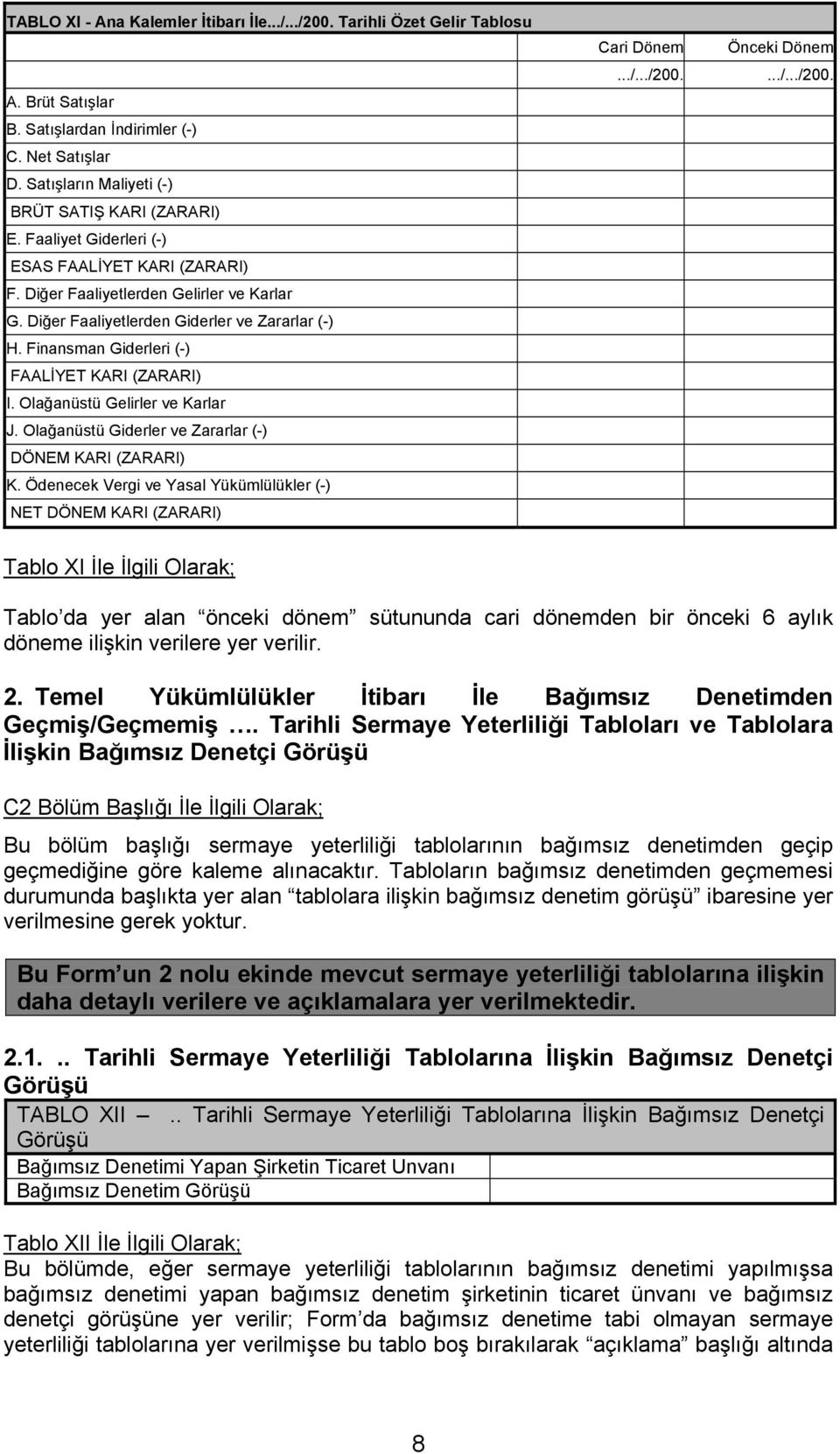 Olağanüstü Gelirler ve Karlar J. Olağanüstü Giderler ve Zararlar (-) DÖNEM KARI (ZARARI) K. Ödenecek Vergi ve Yasal Yükümlülükler (-) NET DÖNEM KARI (ZARARI) Cari Dönem Önceki Dönem.../.../200.