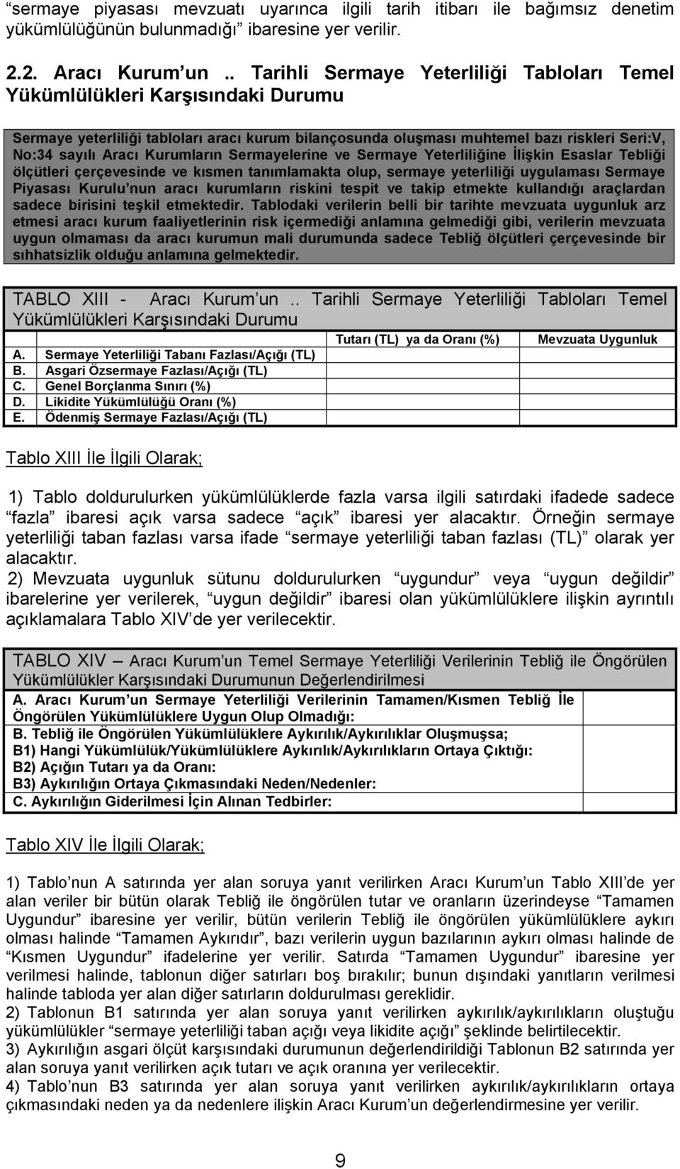 Kurumlarõn Sermayelerine ve Sermaye Yeterliliğine İlişkin Esaslar Tebliği ölçütleri çerçevesinde ve kõsmen tanõmlamakta olup, sermaye yeterliliği uygulamasõ Sermaye Piyasasõ Kurulu nun aracõ