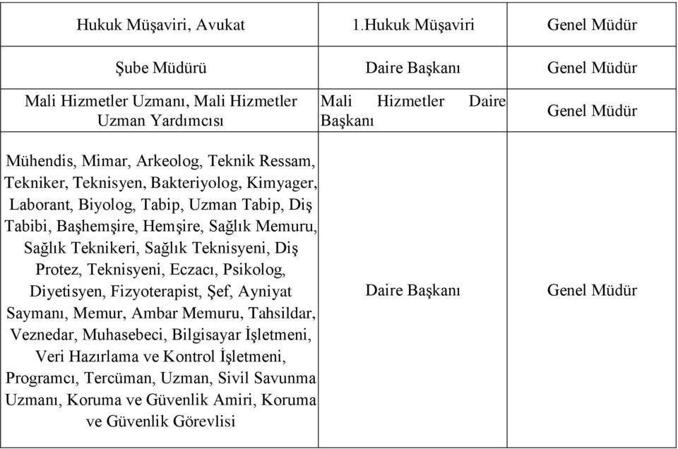 Tekniker, Teknisyen, Bakteriyolog, Kimyager, Laborant, Biyolog, Tabip, Uzman Tabip, Diş Tabibi, Başhemşire, Hemşire, Sağlık Memuru, Sağlık Teknikeri, Sağlık Teknisyeni,