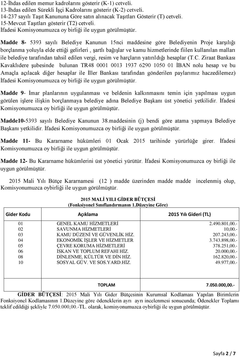 Madde 8 5393 sayılı Belediye Kanunun 15nci maddesine göre Belediyenin Proje karģılığı borçlanma yoluyla elde ettiği gelirleri, Ģartlı bağıģlar ve kamu hizmetlerinde fiilen kullanılan malları ile