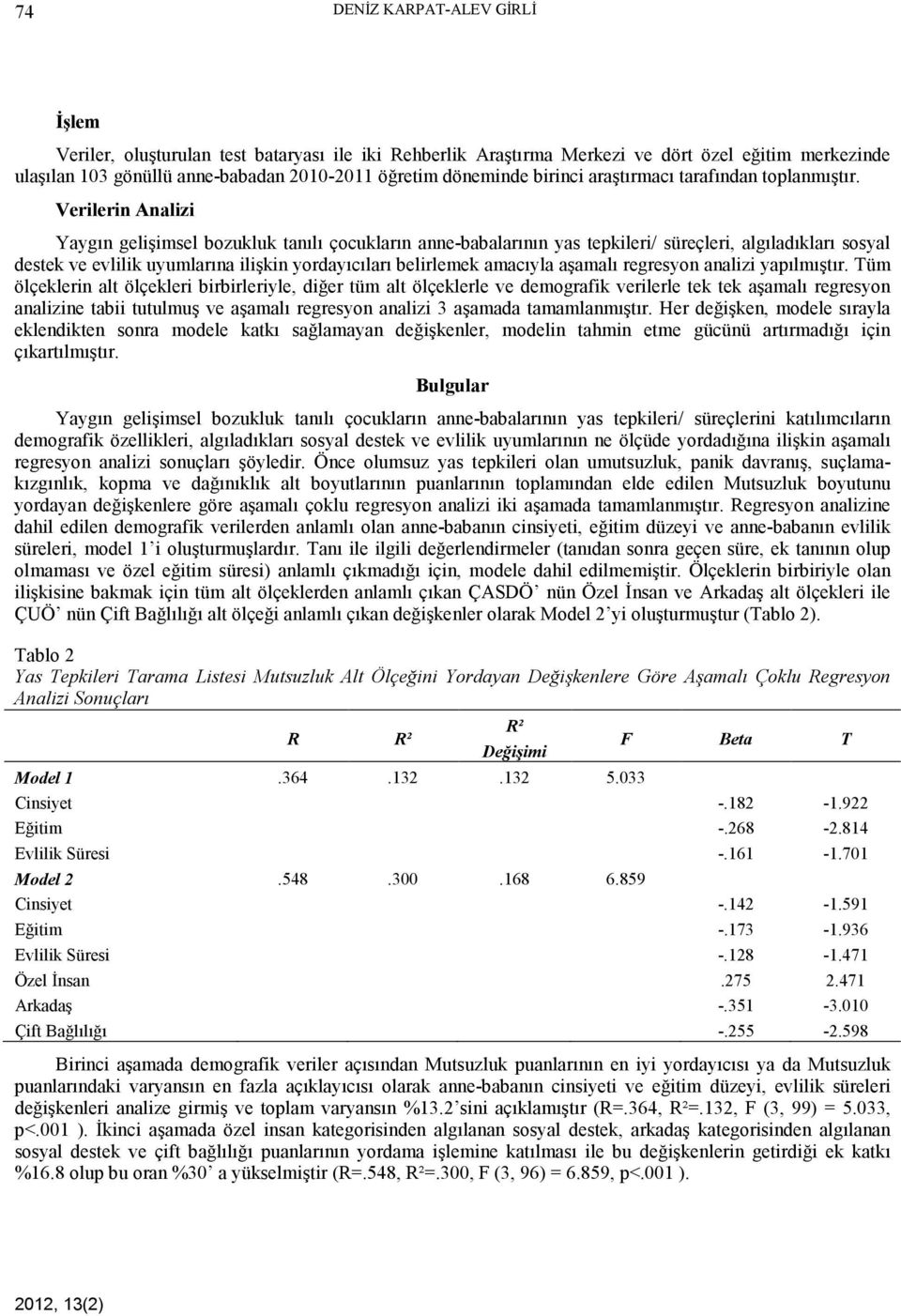 Verilerin Analizi Yaygın gelişimsel bozukluk tanılı çocukların anne-babalarının yas tepkileri/ süreçleri, algıladıkları sosyal destek ve evlilik uyumlarına ilişkin yordayıcıları belirlemek amacıyla