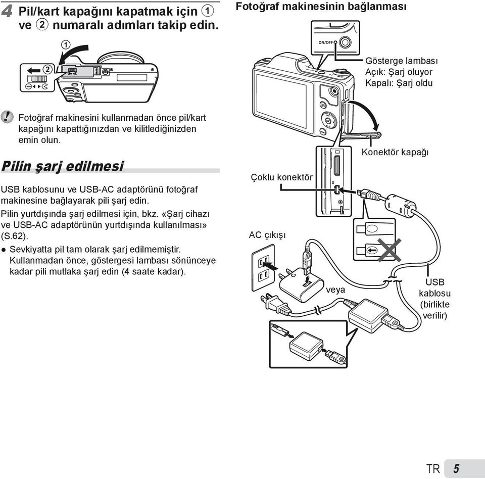 kilitlediğinizden emin olun. Pilin şarj edilmesi USB kablosunu ve USB-AC adaptörünü fotoğraf makinesine bağlayarak pili şarj edin. Pilin yurtdışında şarj edilmesi için, bkz.