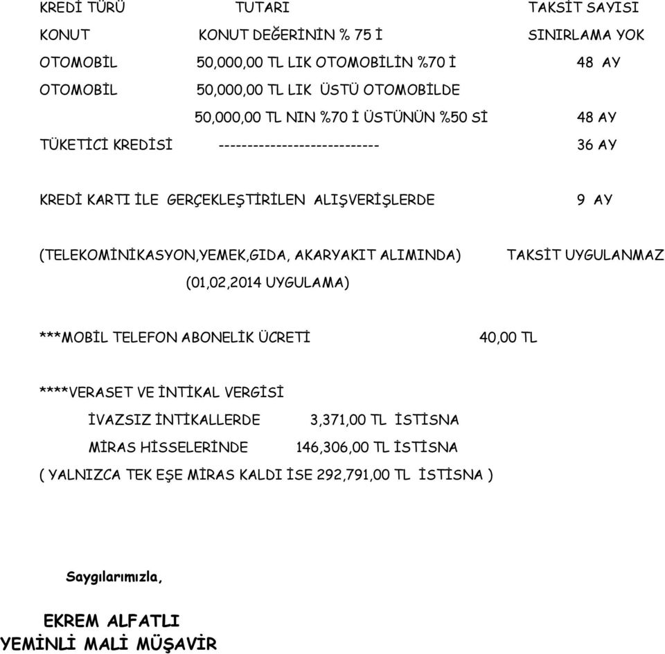 (TELEKOMİNİKASYON,YEMEK,GIDA, AKARYAKIT ALIMINDA) TAKSİT UYGULANMAZ (01,02,2014 UYGULAMA) ***MOBİL TELEFON ABONELİK ÜCRETİ 40,00 TL ****VERASET VE İNTİKAL VERGİSİ