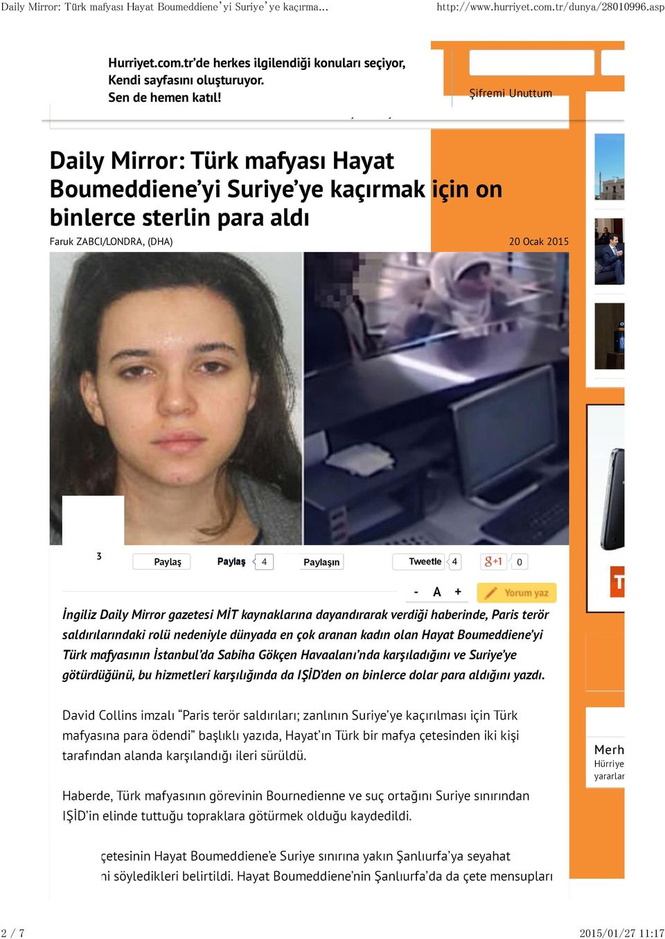 Daily Mirror: Türk mafyası Hayat Boumeddiene yi