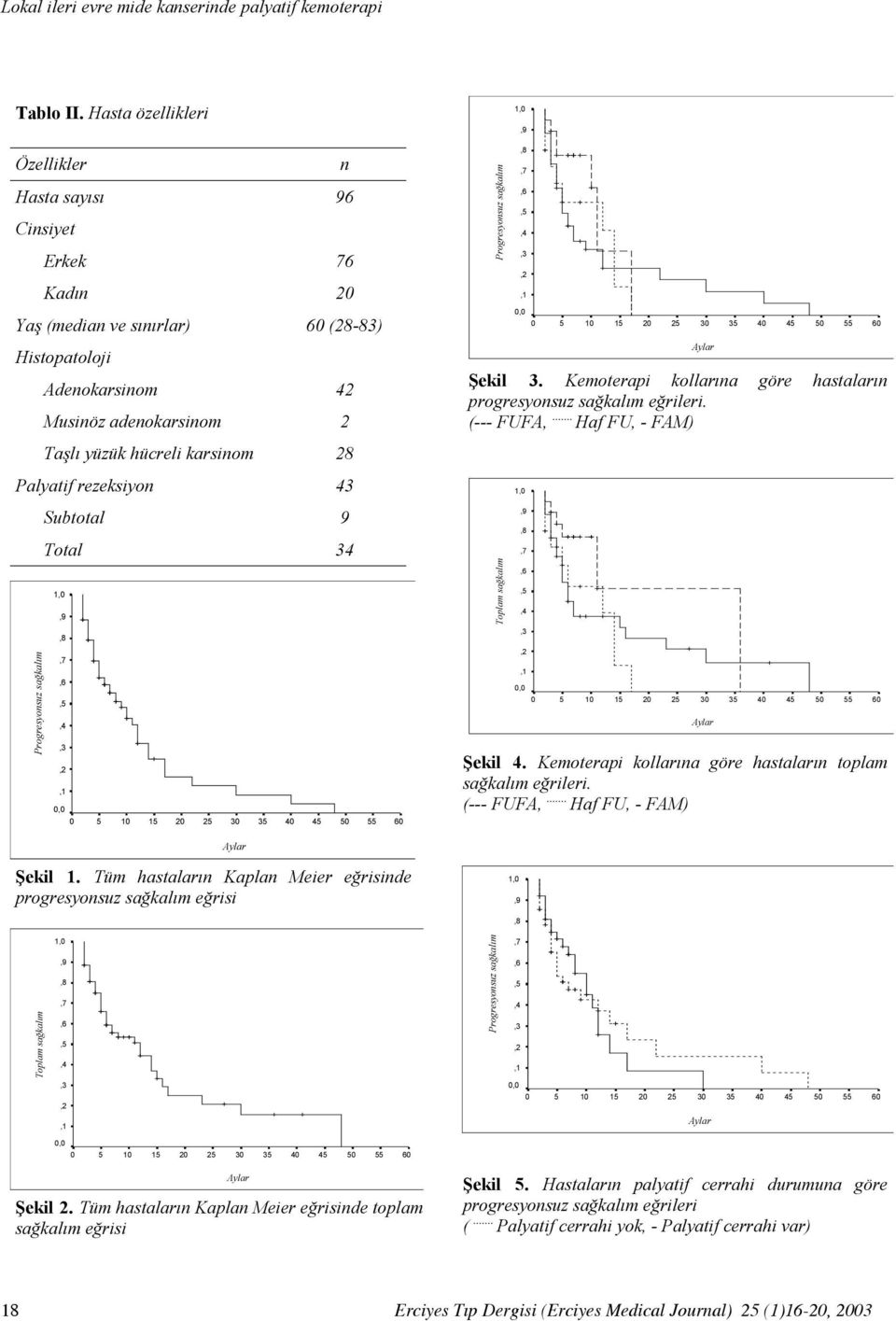 rezeksiyon 43 Subtotal 9 Total 34 1 1 Şekil 3. Kemoterapi kollarına göre hastaların progresyonsuz sağkalım eğrileri. (--- FUFA,... Haf FU, - FAM) 1 Şekil 4.