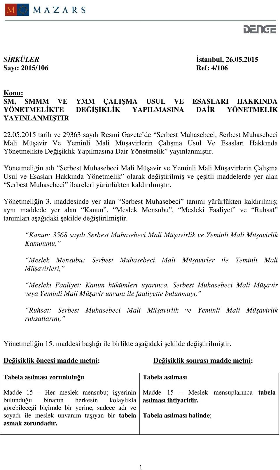 2015 tarih ve 29363 sayılı Resmi Gazete de Serbest Muhasebeci, Serbest Muhasebeci Mali Müşavir Ve Yeminli Mali Müşavirlerin Çalışma Usul Ve Esasları Hakkında Yönetmelikte Değişiklik Yapılmasına Dair