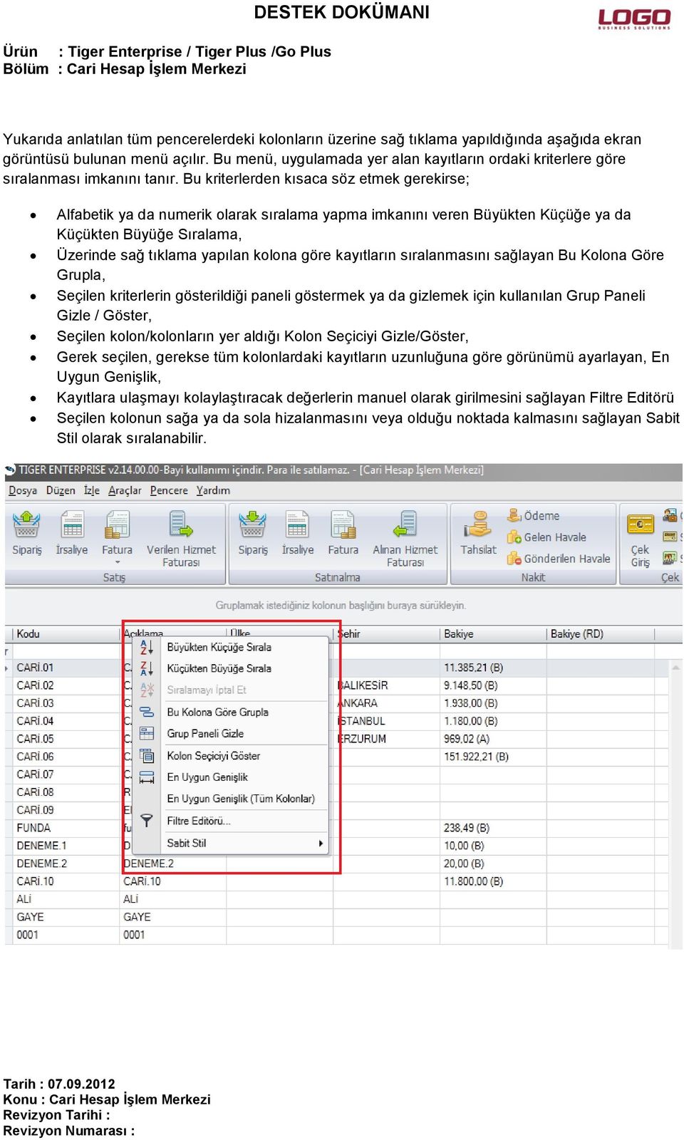 Bu kriterlerden kısaca söz etmek gerekirse; Alfabetik ya da numerik olarak sıralama yapma imkanını veren Büyükten Küçüğe ya da Küçükten Büyüğe Sıralama, Üzerinde sağ tıklama yapılan kolona göre