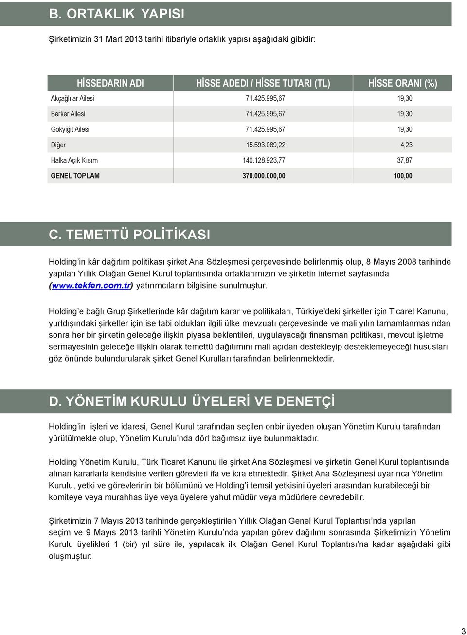 TEMETTÜ POLİTİKASI Holding in kâr dağıtım politikası şirket Ana Sözleşmesi çerçevesinde belirlenmiş olup, 8 Mayıs 2008 tarihinde yapılan Yıllık Olağan Genel Kurul toplantısında ortaklarımızın ve