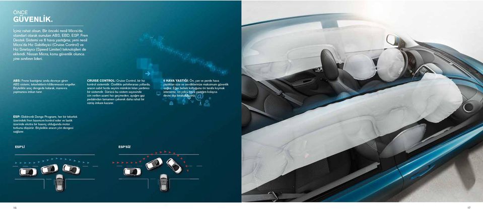 teknolojileri de eklendi. Nissan Micra, konu güvenlik olunca yine sınıfının lideri. ABS: Frene bastığınız anda devreye giren ABS sistemi, tekerleklerin kilitlenmesini engeller.