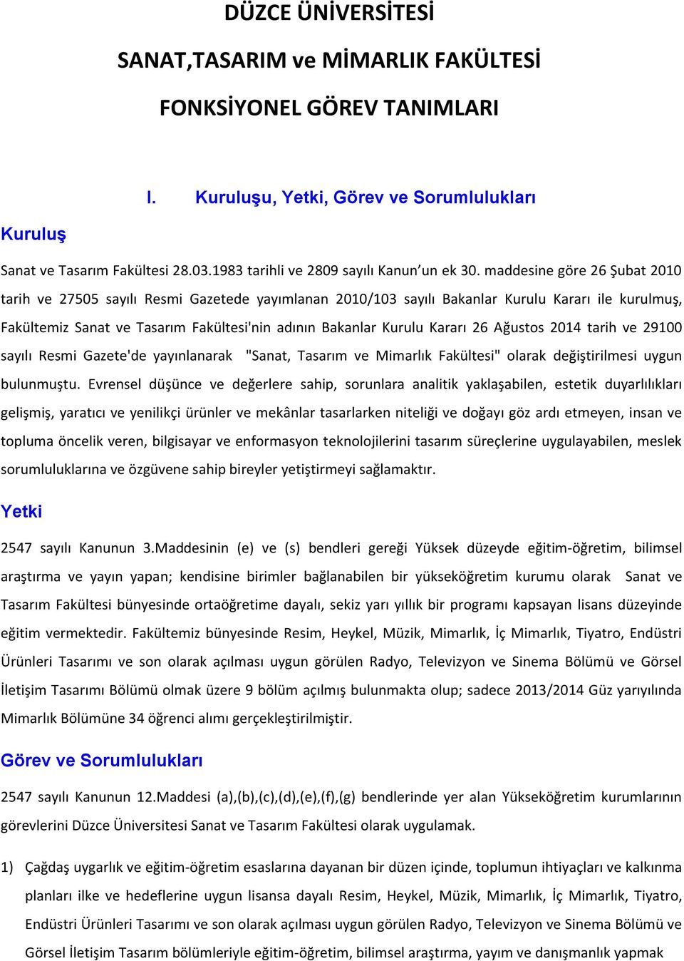 maddesine göre 26 Şubat 2010 tarih ve 27505 sayılı Resmi Gazetede yayımlanan 2010/103 sayılı Bakanlar Kurulu Kararı ile kurulmuş, Fakültemiz Sanat ve Tasarım Fakültesi'nin adının Bakanlar Kurulu