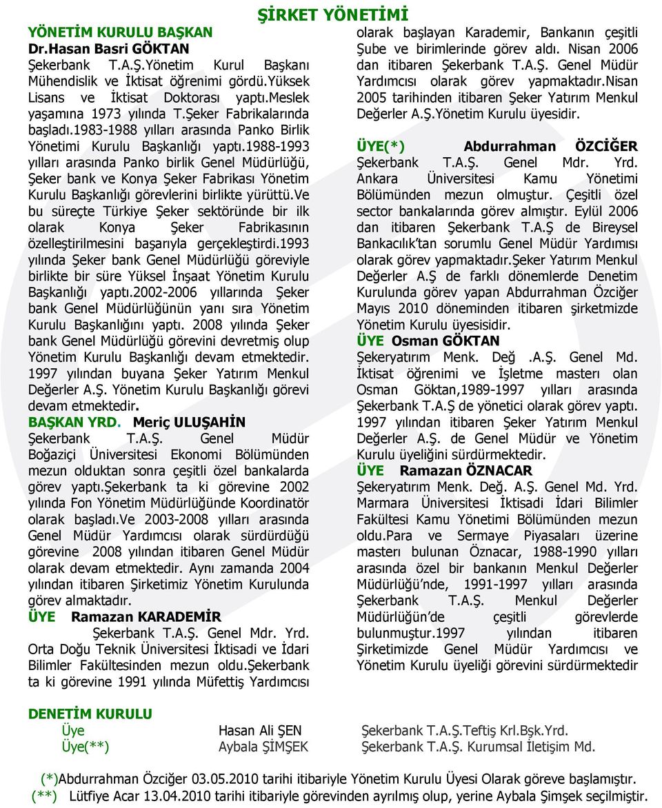 1988-1993 yılları arasında Panko birlik Genel Müdürlüğü, Şeker bank ve Konya Şeker Fabrikası Yönetim Kurulu Başkanlığı görevlerini birlikte yürüttü.