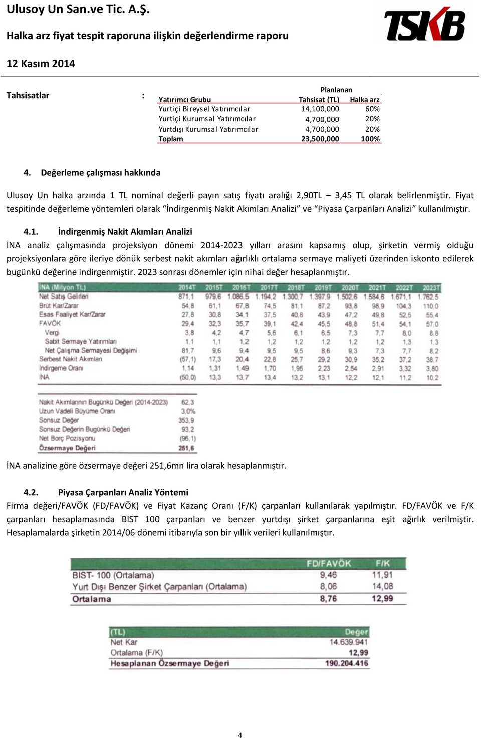 Fiyat tespitinde değerleme yöntemleri olarak İndirgenmiş Nakit Akımları Analizi ve Piyasa Çarpanları Analizi kullanılmıştır. 4.1.