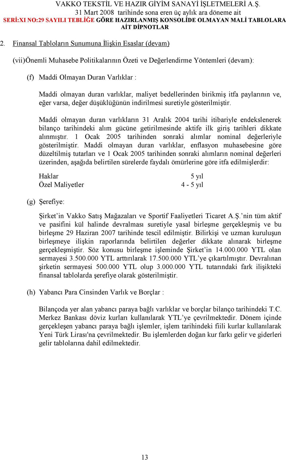 Maddi olmayan duran varlıkların 31 Aralık 2004 tarihi itibariyle endekslenerek bilanço tarihindeki alım gücüne getirilmesinde aktife ilk giriş tarihleri dikkate alınmıştır.