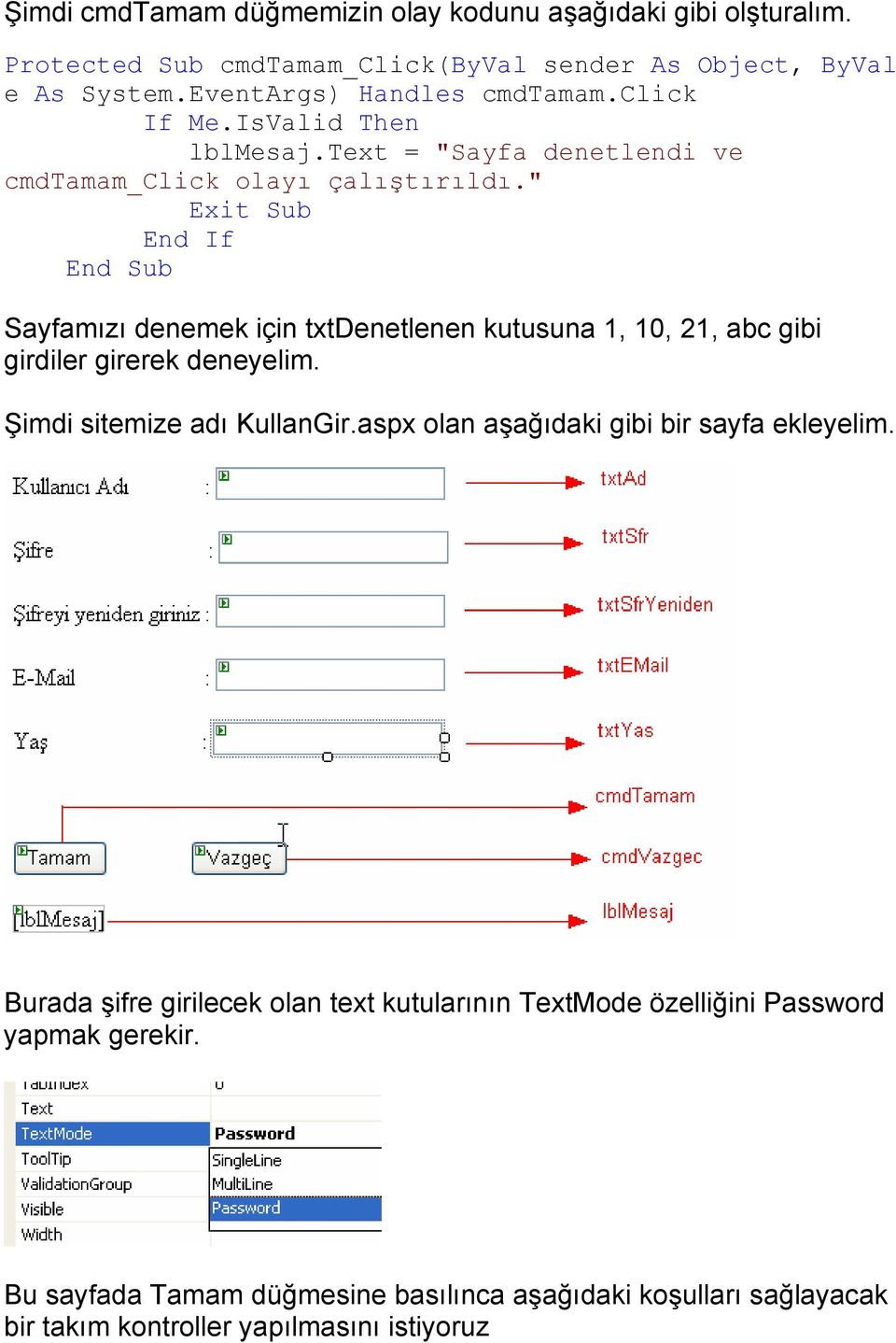 " Exit Sub End If Sayfamızı denemek için txtdenetlenen kutusuna 1, 10, 21, abc gibi girdiler girerek deneyelim. Şimdi sitemize adı KullanGir.