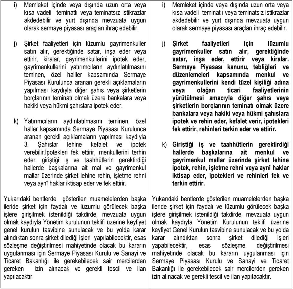 teminen, özel halller kapsamında Sermaye Piyasası Kurulunca aranan gerekli açıklamaların yapılması kaydıyla diğer şahıs veya şirketlerin borçlarının teminatı olmak üzere bankalara veya hakiki veya