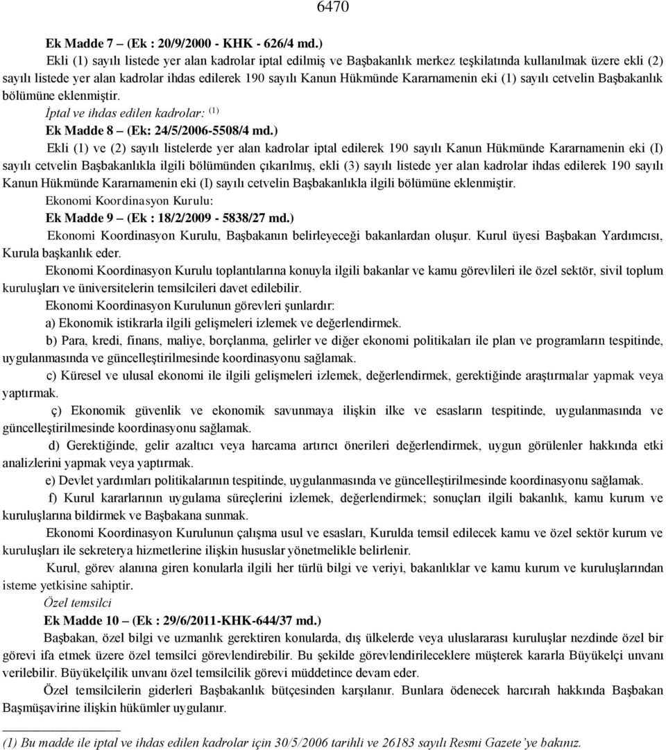 Kararnamenin eki (1) sayılı cetvelin Başbakanlık bölümüne eklenmiştir. İptal ve ihdas edilen kadrolar: (1) Ek Madde 8 (Ek: 24/5/2006-5508/4 md.