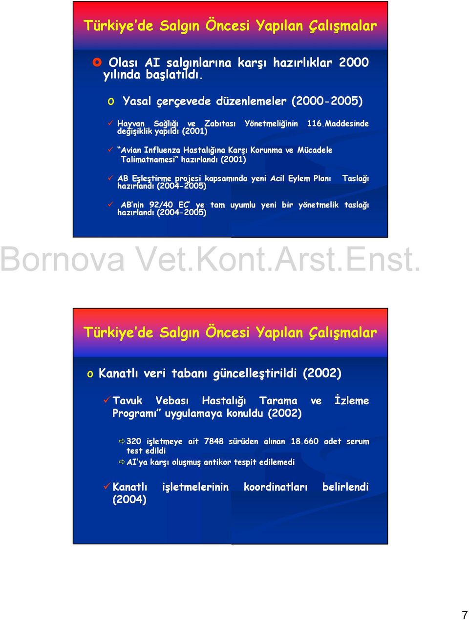 .Maddesinde 116 Avian Influenza Hastalığına Karşı Korunma ve Mücadele Talimatnamesi hazırlandı (2001 2001)) AB Eşleştirme projesi kapsamında yeni Acil Eylem Planı hazırlandı (2004 20042005 2005))