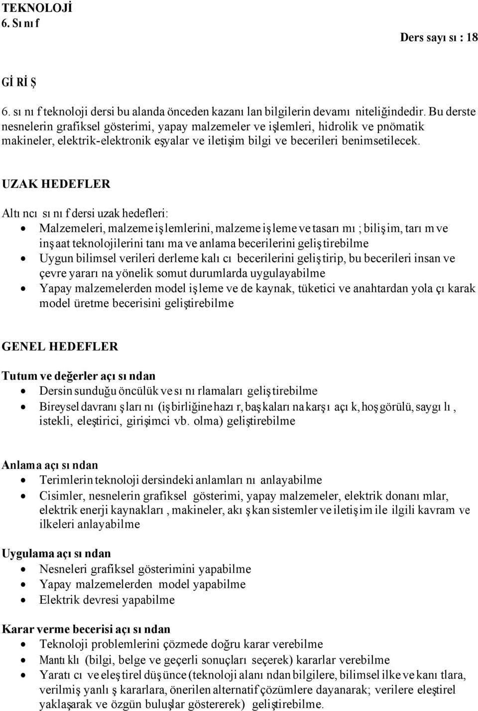 UZAK HEDEFLER Altıncı sınıf dersi uzak hedefleri: Malzemeleri, malzeme işlemlerini, malzeme işleme ve tasarımı; bilişim, tarım ve inşaat ni tanıma ve anlama becerilerini geliştirebilme Uygun bilimsel