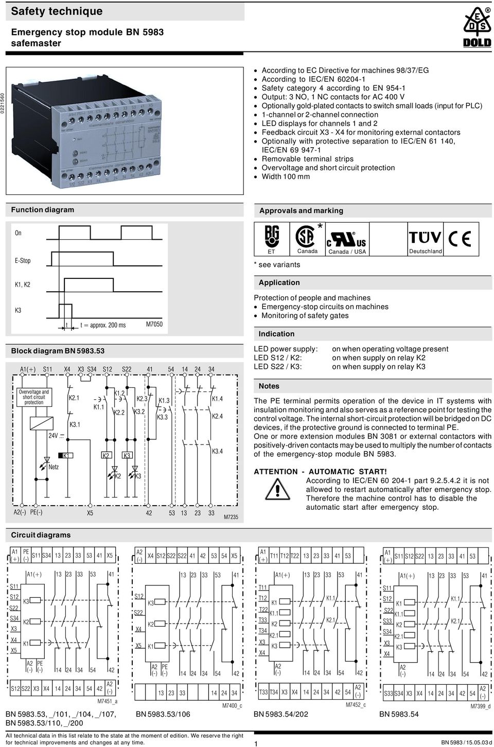 external contactors Optionally with protective separation to IEC/E 61 140, IEC/E 69 947-1 Removable terminal strips Overvoltage and short circuit protection Width 100 mm Function diagram Approvals