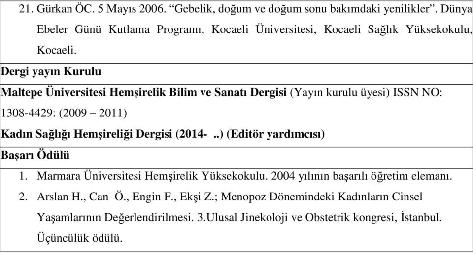 Dergi yayın Kurulu Maltepe Üniversitesi Hemşirelik Bilim ve Sanatı Dergisi (Yayın kurulu üyesi) ISSN NO: 1308-4429: (2009 2011) Kadın Sağlığı Hemşireliği Dergisi