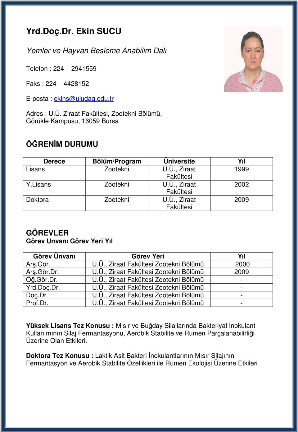 Ü., Ziraat Fakültesi 2009 GÖREVLER Görev Unvanı Görev Yeri Yıl Görev Ünvanı Görev Yeri Yıl Arş.Gör. U.Ü., Ziraat Fakültesi Zootekni Bölümü 2000 Arş.Gör.Dr. U.Ü., Ziraat Fakültesi Zootekni Bölümü 2009 Öğ.