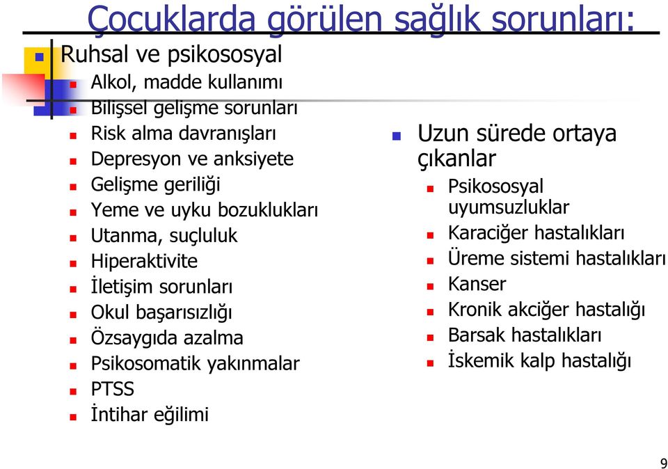 sorunları Okul başarısızlığı Özsaygıda azalma Psikosomatik yakınmalar PTSS İntihar eğilimi Uzun sürede ortaya çıkanlar