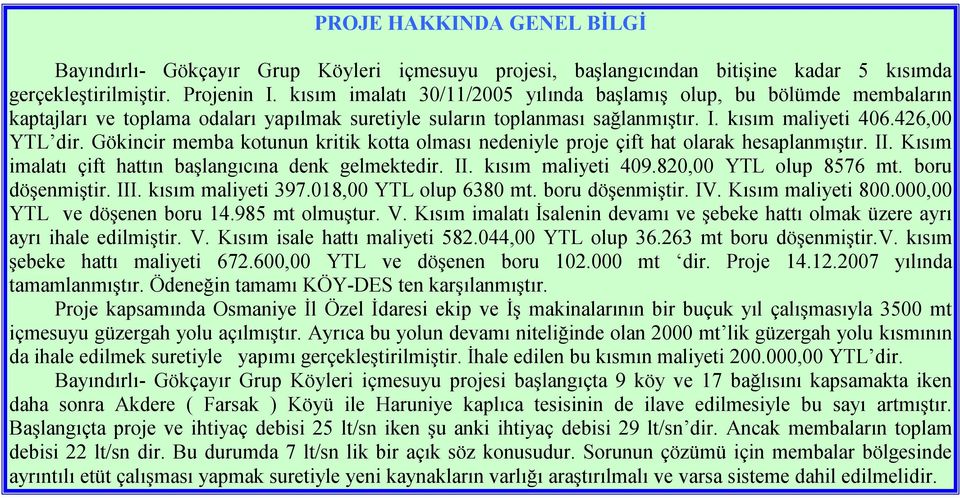 Gökincir memba kotunun kritik kotta olması nedeniyle proje çift hat olarak hesaplanmıştır. II. Kısım imalatı çift hattın başlangıcına denk gelmektedir. II. kısım maliyeti 409.820,00 YTL olup 8576 mt.