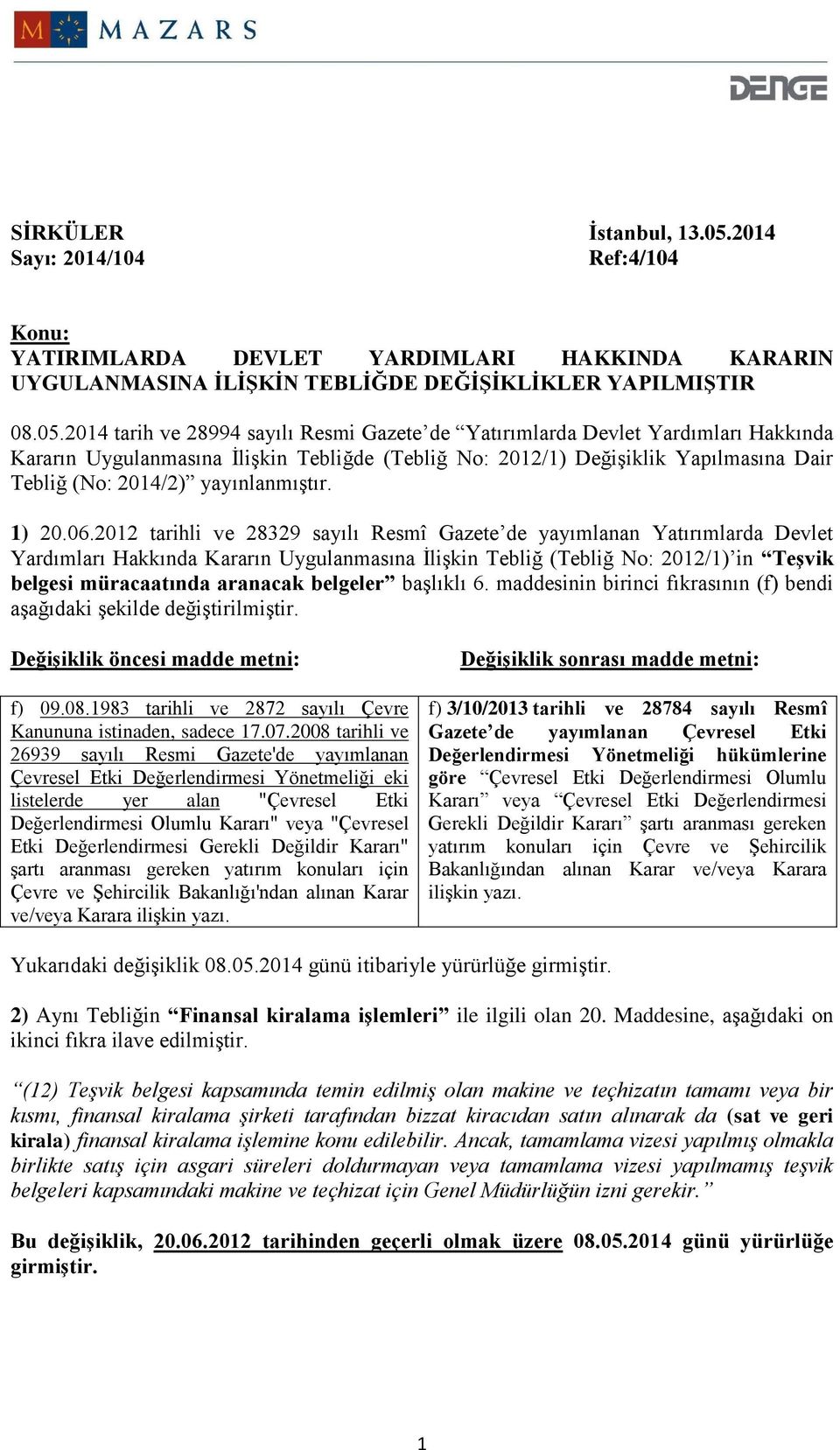 2014 tarih ve 28994 sayılı Resmi Gazete de Yatırımlarda Devlet Yardımları Hakkında Kararın Uygulanmasına İlişkin Tebliğde (Tebliğ No: 2012/1) Değişiklik Yapılmasına Dair Tebliğ (No: 2014/2)