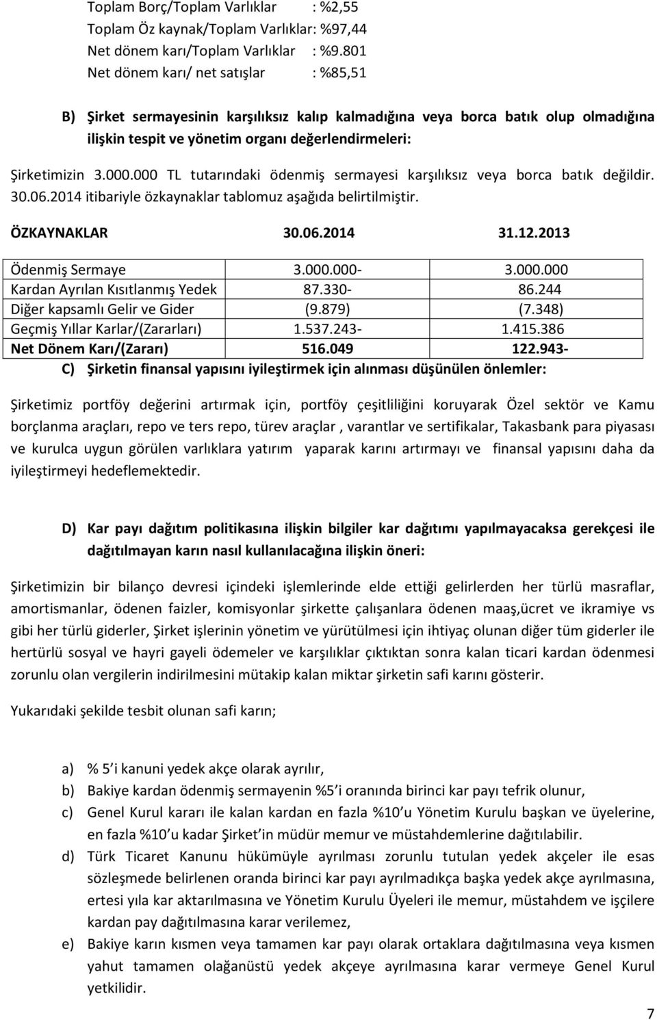 000 TL tutarındaki ödenmiş sermayesi karşılıksız veya borca batık değildir. 30.06.2014 itibariyle özkaynaklar tablomuz aşağıda belirtilmiştir. ÖZKAYNAKLAR 30.06.2014 31.12.2013 Ödenmiş Sermaye 3.000.000-3.