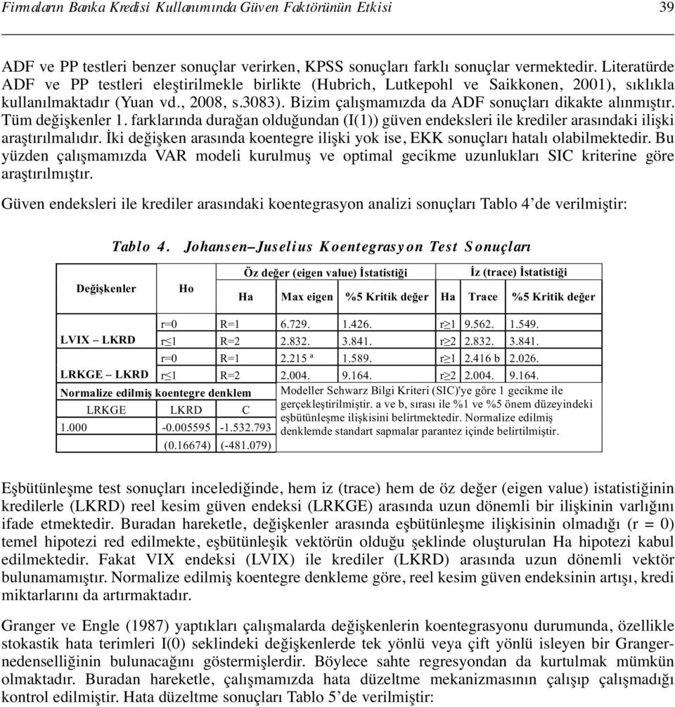 Tüm değişkenler. farklarında durağan olduğundan (I()) güven endeksleri ile krediler arasındaki ilişki araşırılmalıdır. İki değişken arasında koenegre ilişki yok ise, EKK sonuçları haalı olabilmekedir.