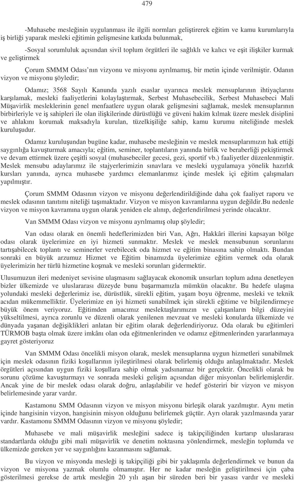 Odanın vizyon ve misyonu öyledir; Odamız; 3568 Sayılı Kanunda yazılı esaslar uyarınca meslek mensuplarının ihtiyaçlarını karılamak, mesleki faaliyetlerini kolaylatırmak, Serbest Muhasebecilik,