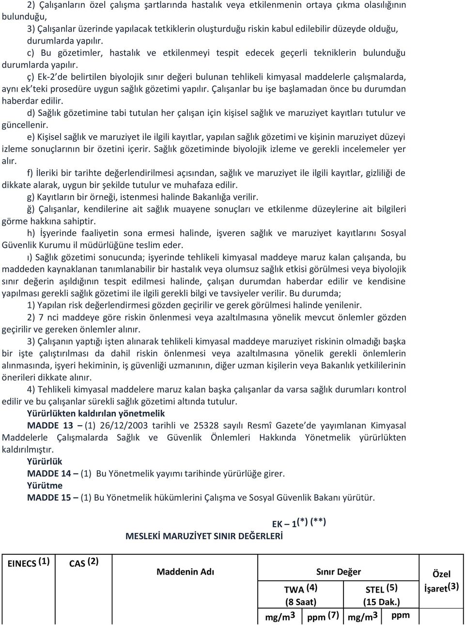 ç) Ek-2 de belirtilen biyolojik sınır değeri bulunan tehlikeli kimyasal maddelerle çalışmalarda, aynı ek teki prosedüre uygun sağlık gözetimi yapılır.