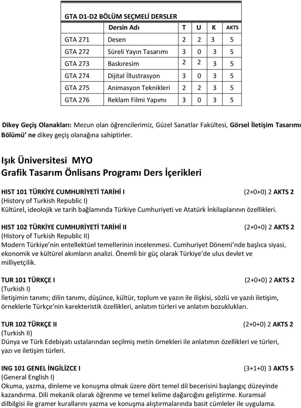 Işık Üniversitesi MYO Grafik Önlisans Programı Ders İçerikleri HIST 101 TÜRKİYE CUMHURİYETİ TARİHİ I (2+0+0) 2 AKTS 2 (History of Turkish Republic I) Kültürel, ideolojik ve tarih bağlamında Türkiye