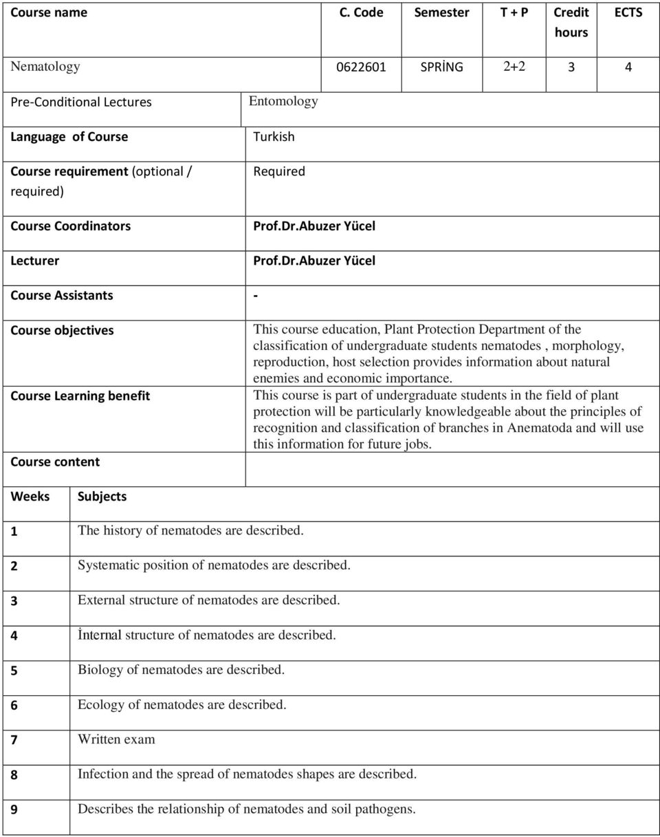 Turkish Required Course Assistants - Course objectives Course Learning benefit Course content This course education, Plant Protection Department of the classification of undergraduate students