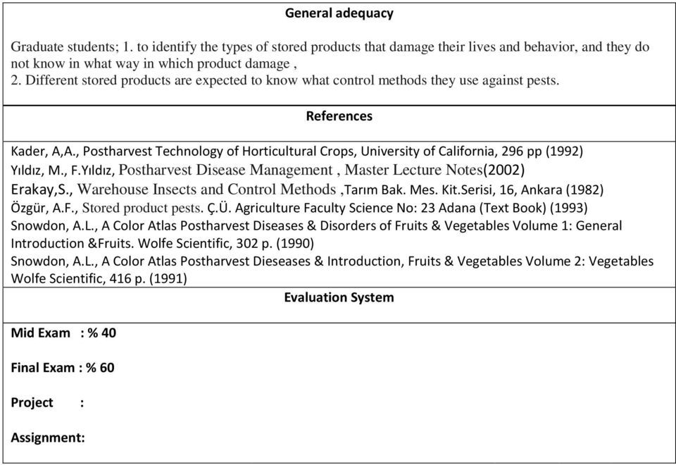 , Postharvest Technology of Horticultural Crops, University of California, 296 pp (1992) Yıldız, M., F.Yıldız, Postharvest Disease Management, Master Lecture Notes(2002) Erakay,S.