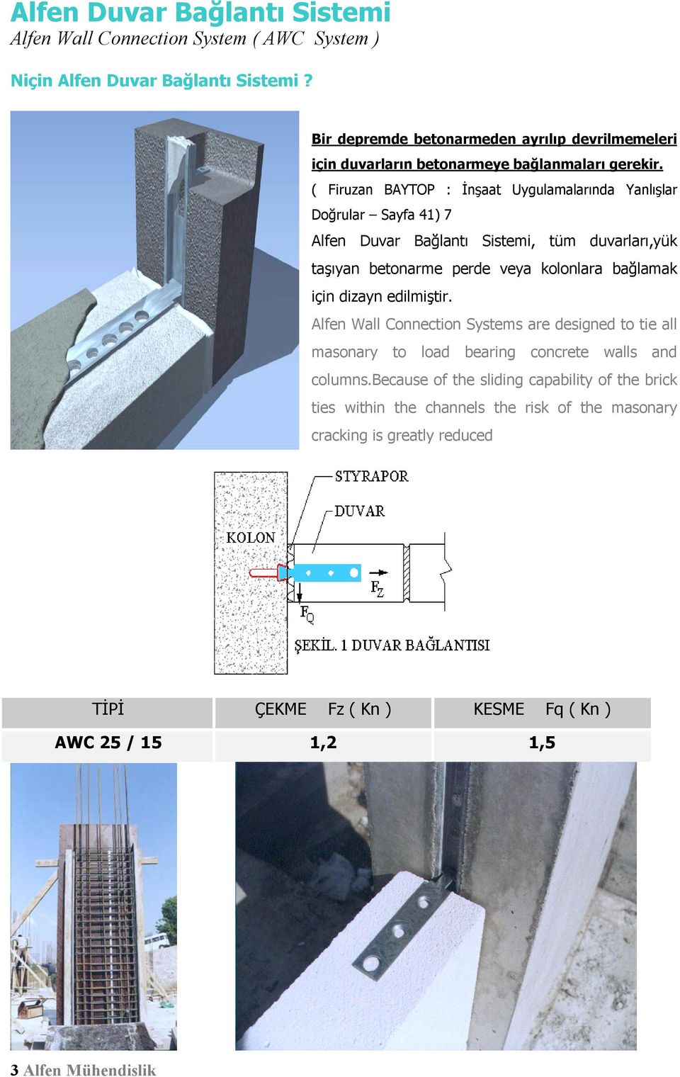 ( Firuzan BAYTOP : İnşaat Uygulamalarõnda Yanlõşlar Doğrular Sayfa 41) 7 Alfen Duvar Bağlantõ Sistemi, tüm duvarlarõ,yük taşõyan betonarme perde veya kolonlara bağlamak için