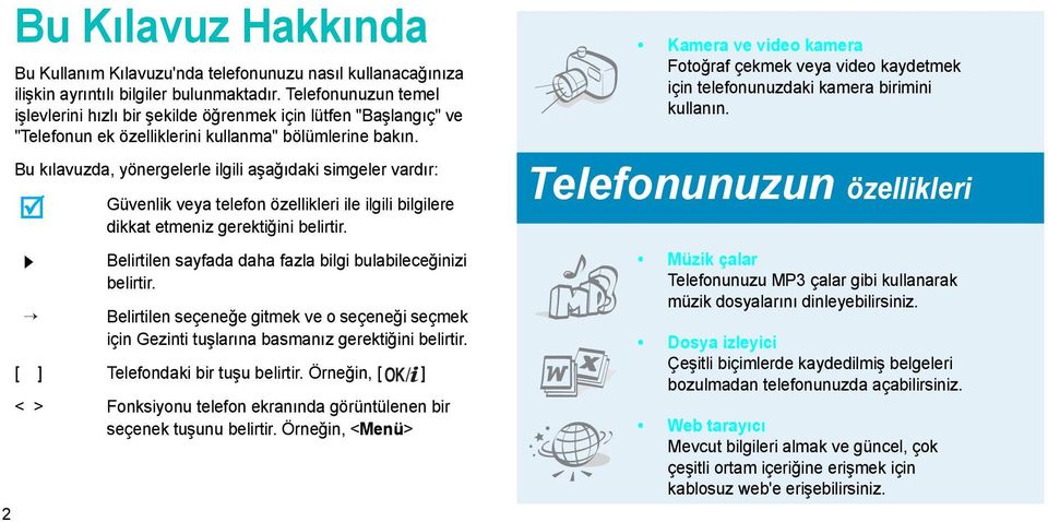 Bu kılavuzda, yönergelerle ilgili aşağıdaki simgeler vardır: Güvenlik veya telefon özellikleri ile ilgili bilgilere dikkat etmeniz gerektiğini belirtir.