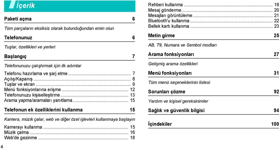 .. 15 Telefonun ek özelliklerini kullanma 15 Kamera, müzik çalar, web ve diğer özel işlevleri kullanmaya başlayın Kamerayı kullanma... 15 Müzik çalma... 16 Web'de gezinme... 18 Rehberi kullanma.