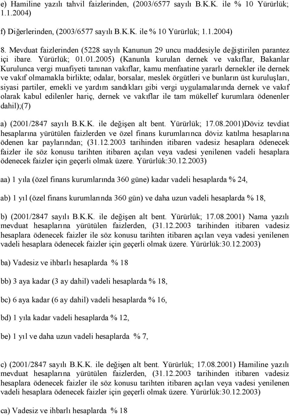 01.2005) (Kanunla kurulan dernek ve vakıflar, Bakanlar Kurulunca vergi muafiyeti tanınan vakıflar, kamu menfaatine yararlıdernekler ile dernek ve vakıf olmamakla birlikte; odalar, borsalar, meslek