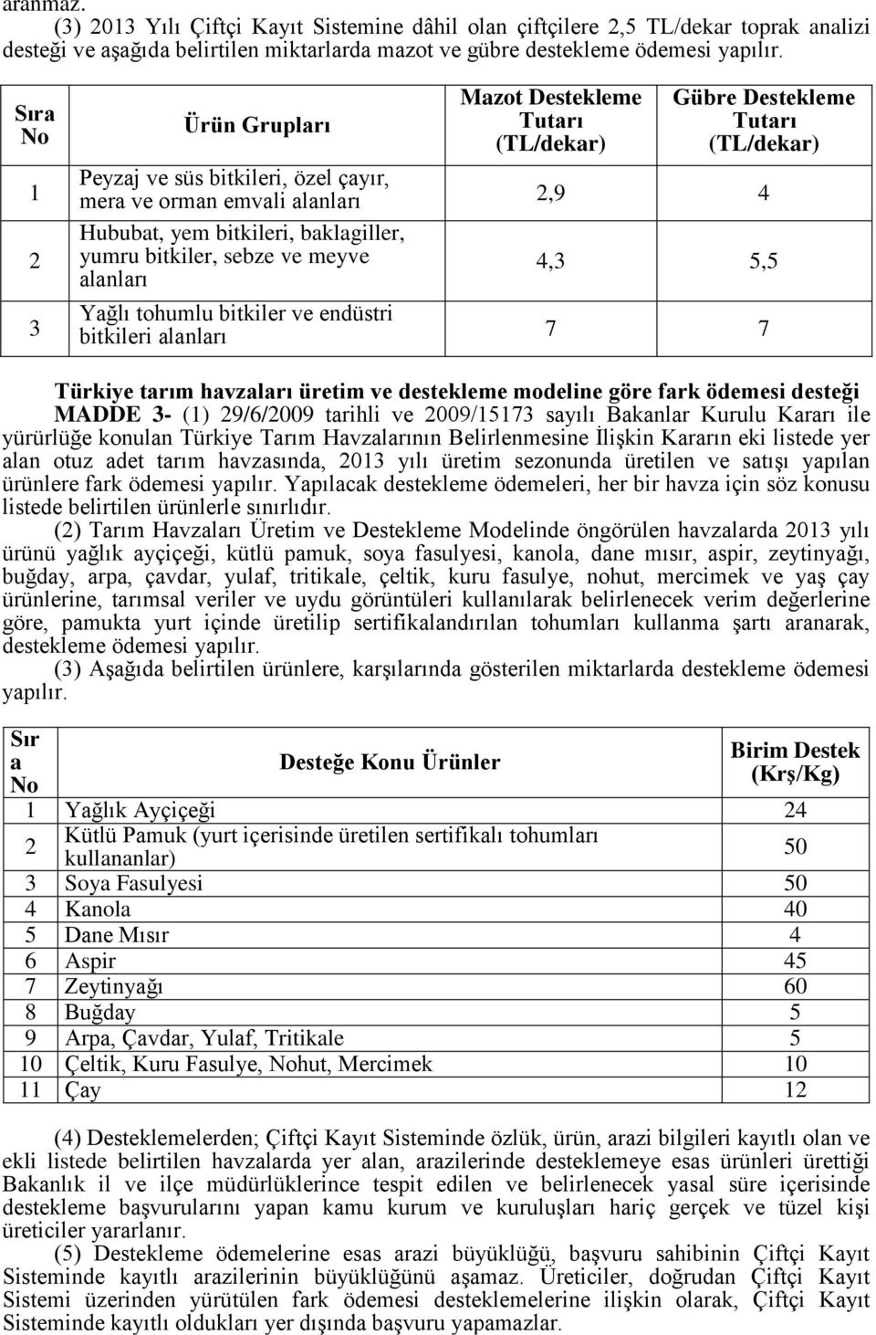 bitkiler, sebze ve meyve alanları 4,3 5,5 Yağlı tohumlu bitkiler ve endüstri bitkileri alanları 7 7 Türkiye tarım havzaları üretim ve destekleme modeline göre fark ödemesi desteği MADDE 3- () 9/6/009